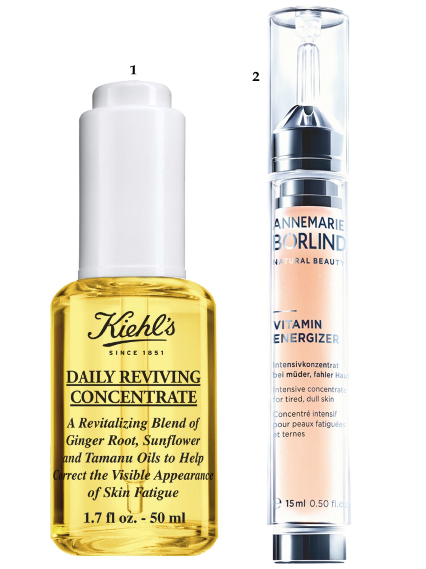 Müde Haut: 1. Stärkendes Ingwerwurzel- Und Sonnenblumenkernöl "Daily Reviving Concentrate" von Kiehl's, 30 ml, ca. 40 Euro; 2. Acai-, Goji- und Sanddornbeeren geben den Kick "Vitamin Energizer Intensivkonzentrat" von Annemarie Börlind, 15 ml, ca. 44 Euro 1. Stärkendes Ingwerwurzel- Und Sonnenblumenkernöl "Daily Reviving Concentrate" von Kiehl's, 30 ml, ca. 40 Euro; 2. Acai-, Goji- und Sanddornbeeren geben den Kick "Vitamin Energizer Intensivkonzentrat" von Annemarie Börlind, 15 ml, ca. 44 Euro