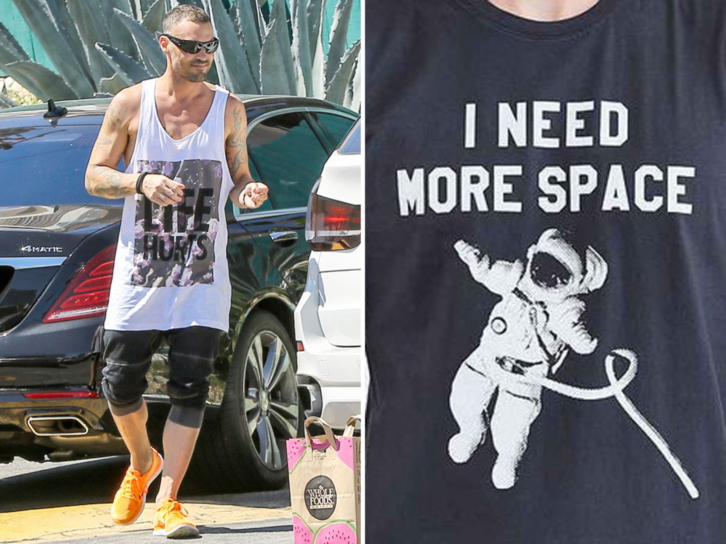 Foto links: Brian Austin Green trägt sein "Life Hurts"-Tank spazieren. Foto rechts: Dieses T-Shirt kombiniert Megan Fox zu einer gemusterten Leggings mit Reptilien- und Streifenprint.