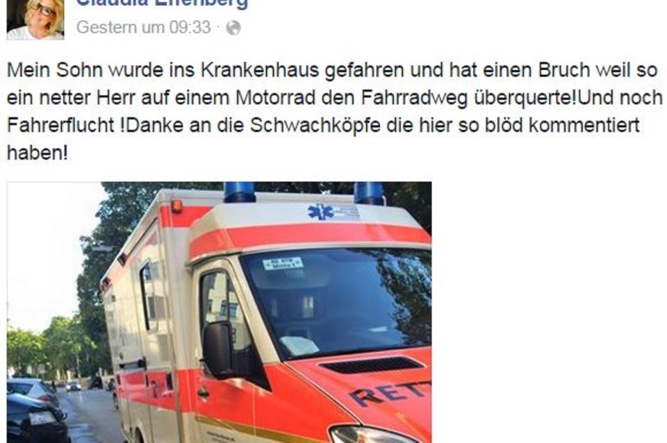 Claudia Effenberg: Claudia Effenberg ist total geschockt von dem Fehlverhalten des Unfallverursachers und musste dieses schlimme Erlebnis auch mit ihren Facebook-Fans teilen. Claudia Effenberg: Claudia Effenberg ist total geschockt von dem Fehlverhalten des Unfallverursachers und musste dieses schlimme Erlebnis auch mit ihren Facebook-Fans teilen.
