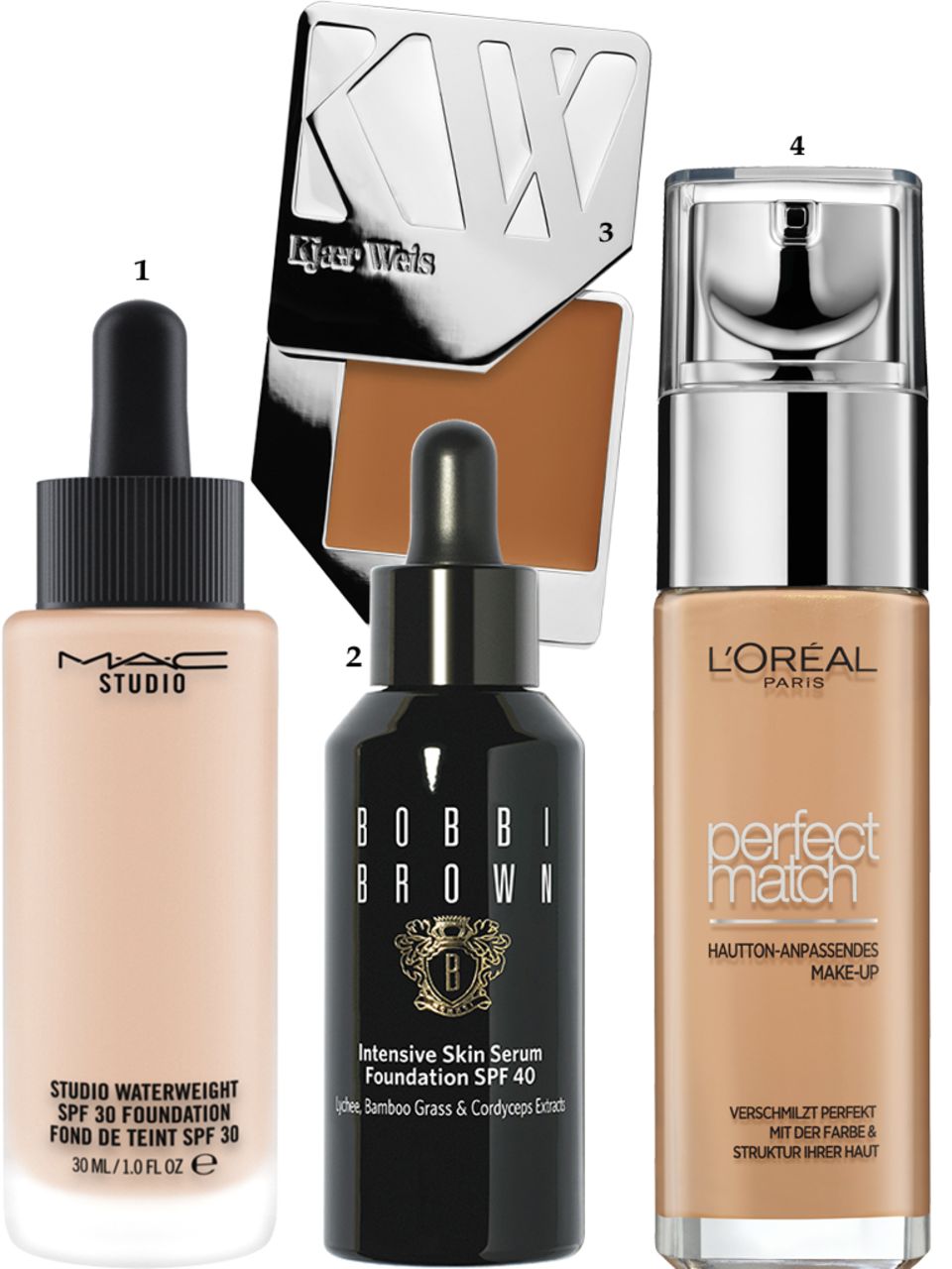 1. "Studio Waterweight SPF 30 Foundation" von Mac, 30 ml, ca. 35 Euro; 2. "Intensive Skin Serum Foundation SPF 40" von Bobbi Brown, 30 ml, ca. 58 Euro; 3. "Cream Foundation – Delicate" von Kjaer Weiss, ca. 58 Euro, z. B. über www.amazingy.com; 4. "Perfect Match Le Teint" von L'Oréal Paris, 30 ml, ca. 12 Euro 1. "Studio Waterweight SPF 30 Foundation" von Mac, 30 ml, ca. 35 Euro; 2. "Intensive Skin Serum Foundation SPF 40" von Bobbi Brown, 30 ml, ca. 58 Euro; 3. "Cream Foundation – Delicate" von Kjaer Weiss, ca. 58 Euro, z. B. über www.amazingy.com; 4. "Perfect Match Le Teint" von L'Oréal Paris, 30 ml, ca. 12 Euro