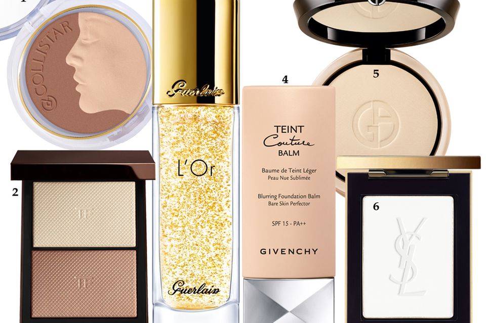 Make-up: 1. "Nude Sculpting Blush" von Collistar, ca. 31 Euro; 2. "Skin Illuminating Powder Duo – Moodlight“" von Tom Ford, ca. 69 Euro; 3. "L'Or" von Guerlain, 30 ml, ca. 58 Euro; 4. "Teint Couture Balm" von Givenchy, 30 ml, ca. 40 Euro; 5. "Luminous Silk Compact Foundation" von Giorgio Armani, ca. 59 Euro; 6. "Poudre Compacte Radiance Perfectrice Universelle" von Yves Saint Laurent, ca. 43 Euro 1. "Nude Sculpting Blush" von Collistar, ca. 31 Euro; 2. "Skin Illuminating Powder Duo – Moodlight“" von Tom Ford, ca. 69 Euro; 3. "L'Or" von Guerlain, 30 ml, ca. 58 Euro; 4. "Teint Couture Balm" von Givenchy, 30 ml, ca. 40 Euro; 5. "Luminous Silk Compact Foundation" von Giorgio Armani, ca. 59 Euro; 6. "Poudre Compacte Radiance Perfectrice Universelle" von Yves Saint Laurent, ca. 43 Euro