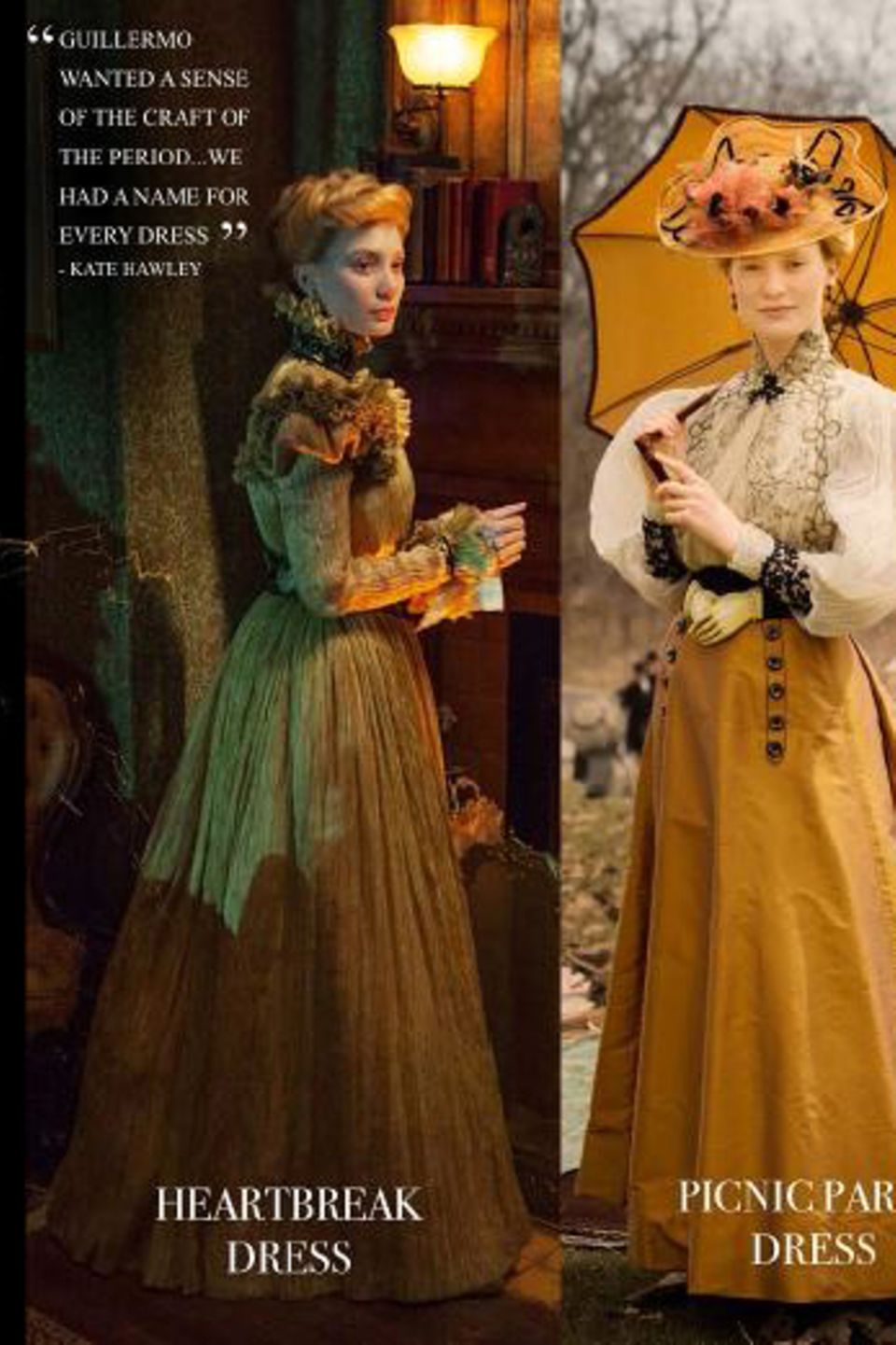 Die Kleider von Mia Wasikowskas Charakter "Edith Cushing" hat Kate Hawley gemeinsam mit ihrem Team entwickelt. Jeder Entwurf spiegelt eine Eigenschaft oder eine Entwicklung wider, die Edith im Laufe des Filmes durchlebt. Die Kleider von Mia Wasikowskas Charakter "Edith Cushing" hat Kate Hawley gemeinsam mit ihrem Team entwickelt. Jeder Entwurf spiegelt eine Eigenschaft oder eine Entwicklung wider, die Edith im Laufe des Filmes durchlebt.