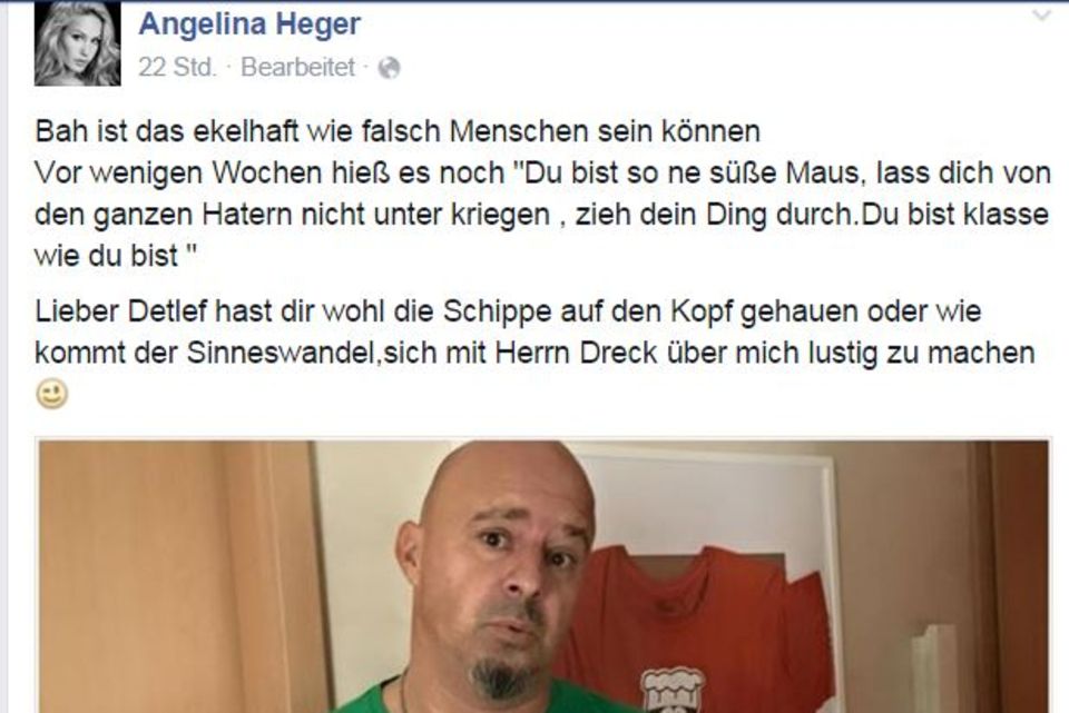 Angelina Heger wütet auf Facebook: Fies! Detlef Steves fand Angelinas Traum, bei "GZSZ" mitspielen zu dürfen, wohl so abwegig, dass er selbst einen - eher unrealistischen Wunsch - postete. Detlef Steves