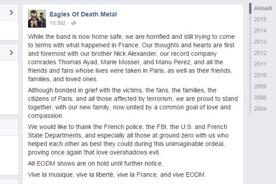 Eagles Of Death Metal: Die Eagles Of Death Metal meldeten sich nun über Facebook zurück.