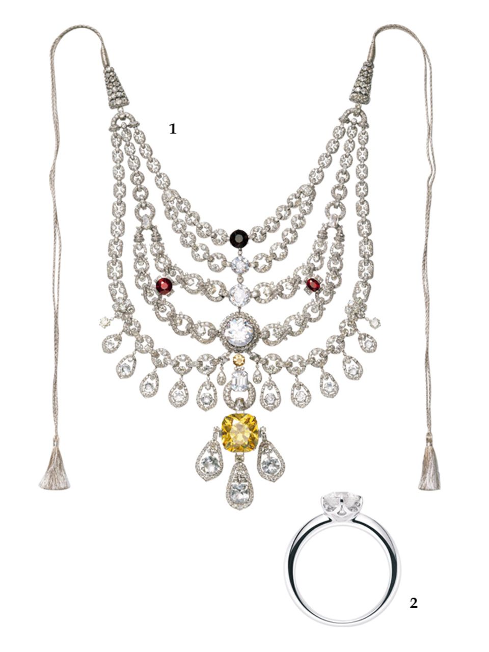 Diamanten-Facts: 1. 2930 Diamanten (1000 Karat) schmücken das Collier, das Cartier 1928 für einen indischen Maharadscha anfertigte; 2.Juwelier Wempe präsentiert jetzt einen eigenen, zertifizierten Schliff – den "Wempe Cut" mit spektakulären 137 Facetten (Solitaire Ring "Splendora by Kim", ab ca. 17.280 Euro) 1. 2930 Diamanten (1000 Karat) schmücken das Collier, das Cartier 1928 für einen indischen Maharadscha anfertigte; 2.Juwelier Wempe präsentiert jetzt einen eigenen, zertifizierten Schliff – den "Wempe Cut" mit spektakulären 137 Facetten (Solitaire Ring "Splendora by Kim", ab ca. 17.280 Euro)