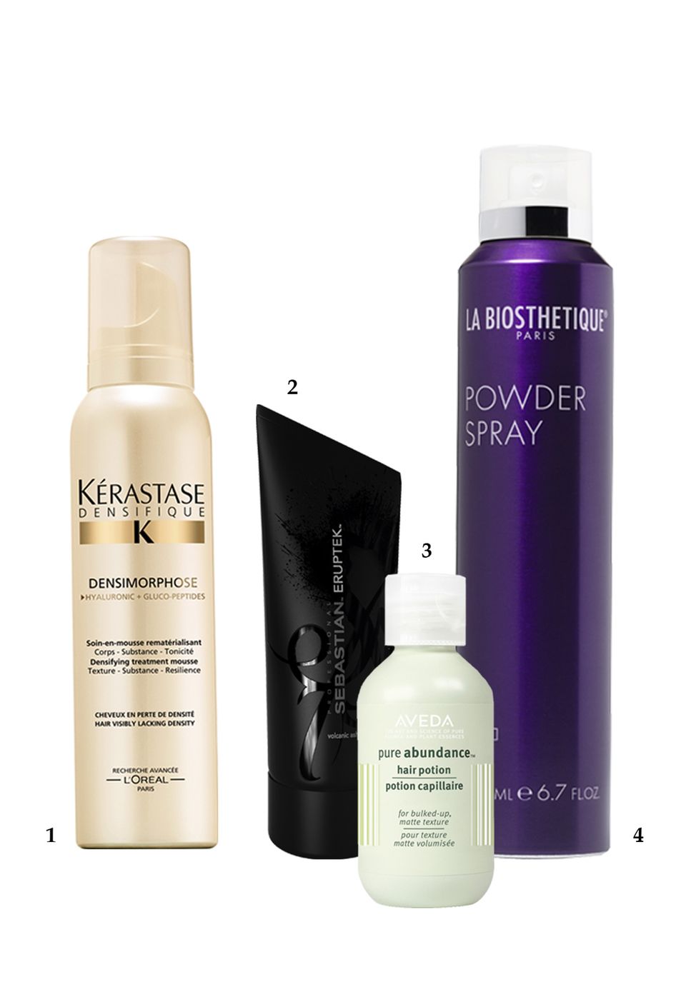 Hairstyling: 1 "Densimorphos"-Volumenmousse von Kérastase; 2 "Eruptek"-Stylingpaste von Sebastian Professional, 75 ml, ca. 32 Euro; 3 "Pure Abundance Hair Potion" von Aveda, 20 g, ca. 25 Euro; 4 "Powder Spray" von La Biosthétique, 200 ml, ca. 25 Euro 1 "Densimorphos"-Volumenmousse von Kérastase; 2 "Eruptek"-Stylingpaste von Sebastian Professional, 75 ml, ca. 32 Euro; 3 "Pure Abundance Hair Potion" von Aveda, 20 g, ca. 25 Euro; 4 "Powder Spray" von La Biosthétique, 200 ml, ca. 25 Euro