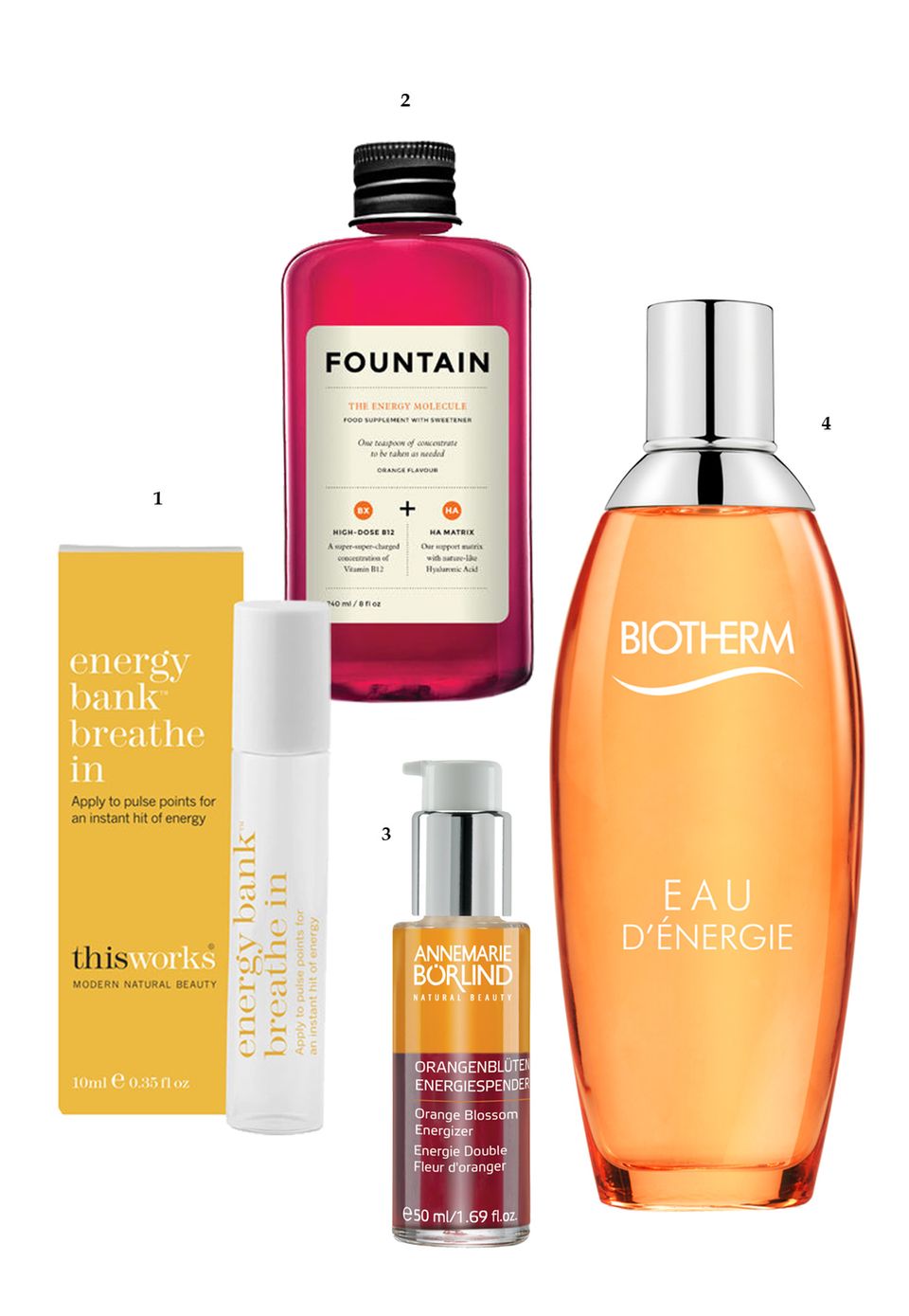 Vitamine: 1 "Energy Bank Breathe Roll-on" von This Works, 10 ml, ca. 25 Euro; 2 Mit belebendem Vitamin B12: "The Energy Molecule" von Fountain, 240 ml, ca. 34 Euro; 3 Powerschub für die Haut: "Orangenblüten Energiespender" von Annemarie Börlind, 50 ml, ca. 19 Euro; 4 Körperspray "Eau d’Energy" von Biotherm, EdT, 100 ml, ca. 40 Euro 1 "Energy Bank Breathe Roll-on" von This Works, 10 ml, ca. 25 Euro; 2 Mit belebendem Vitamin B12: "The Energy Molecule" von Fountain, 240 ml, ca. 34 Euro; 3 Powerschub für die Haut: "Orangenblüten Energiespender" von Annemarie Börlind, 50 ml, ca. 19 Euro; 4 Körperspray "Eau d’Energy" von Biotherm, EdT, 100 ml, ca. 40 Euro