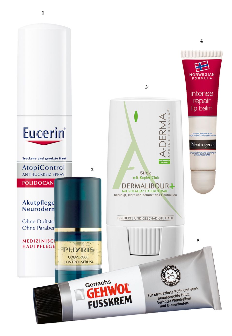 Wintersport: 1. Sprüht den Juckreiz weg: "Atopi Control Anti-Juckreiz Spray" von Eucerin, 15 ml, ca. 6 Euro; 2. Reduziert rote Äderchen: "Couperose Control Serum" von Phyris, 15 ml, ca. 38 Euro; 3. Regenerations-Boost bei Rissen und Wunden: "Dermalibour + Stick" von A-Derma, 8 g, ca. 10 Euro; 4. "Intense Repair Lip Balm" von Neutrogena, 15 ml, ca. 4 Euro; 5. Gegen Blasen und Hornhaut: "Fusskrem" von Gehwol, 150 ml, ca. 8 Euro 1. Sprüht den Juckreiz weg: "Atopi Control Anti-Juckreiz Spray" von Eucerin, 15 ml, ca. 6 Euro; 2. Reduziert rote Äderchen: "Couperose Control Serum" von Phyris, 15 ml, ca. 38 Euro; 3. Regenerations-Boost bei Rissen und Wunden: "Dermalibour + Stick" von A-Derma, 8 g, ca. 10 Euro; 4. "Intense Repair Lip Balm" von Neutrogena, 15 ml, ca. 4 Euro; 5. Gegen Blasen und Hornhaut: "Fusskrem" von Gehwol, 150 ml, ca. 8 Euro