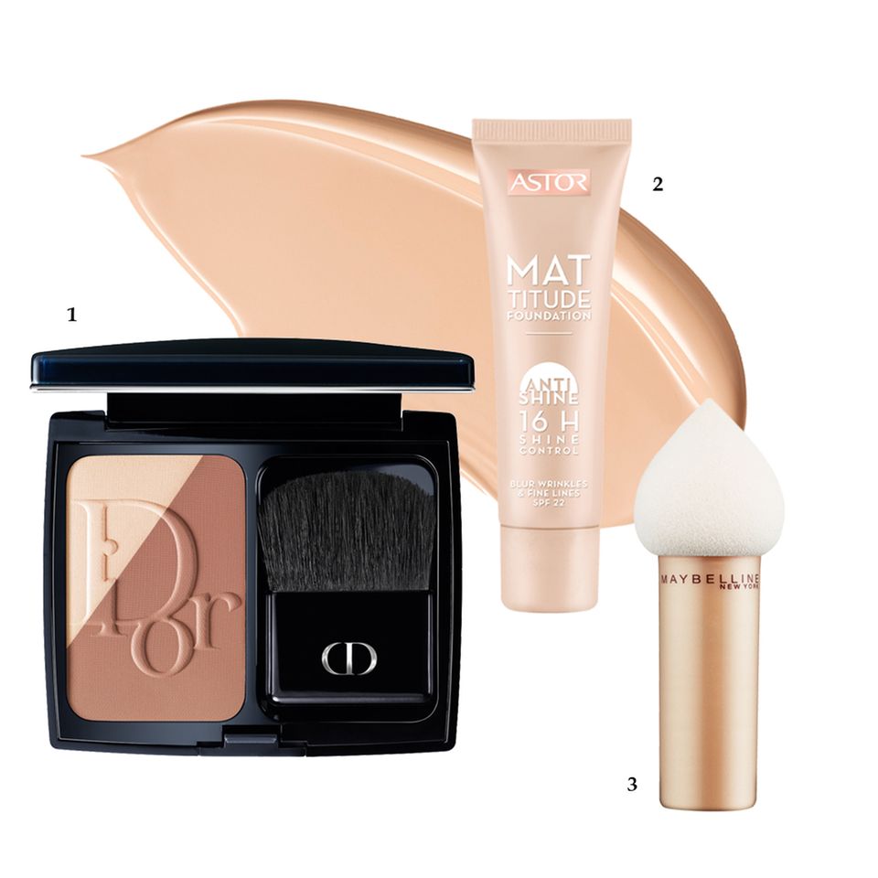 Beauty-Tipp: 1 "Diorskin Diorblush Sculpt" von Dior, ca. 45 Euro; 2 "Mattitude Anti Shine Make Up" von Astor, ca. 8 Euro; 3 "Dream Blender" von Maybelline New York, ca. 7 Euro 1 "Diorskin Diorblush Sculpt" von Dior, ca. 45 Euro; 2 "Mattitude Anti Shine Make Up" von Astor, ca. 8 Euro; 3 "Dream Blender" von Maybelline New York, ca. 7 Euro