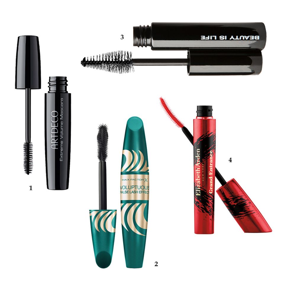 Mascara: 1. Optimale Bürstenspitze zum Pimpen feiner Härchen: "Volume Supreme Mascara – Talbot Runhof" von Artdeco, ca. 14 Euro, limitiert; 2. Zaubert fünfmal mehr Volumen: "Voluptous False Lash Effect Mascara" von Max Factor, ca. 13 Euro; 3. Die konische Bürste garantiert Fülle bis in die Ecken: "Volume Mascara – Black" von Beauty Is Life, ca. 25 Euro; 4. Verleiht Schwung und Sprungkraft: "Grand Entrance Mascara" von Elizabeth Arden, ca. 26 Euro 1. Optimale Bürstenspitze zum Pimpen feiner Härchen: "Volume Supreme Mascara – Talbot Runhof" von Artdeco, ca. 14 Euro, limitiert; 2. Zaubert fünfmal mehr Volumen: "Voluptous False Lash Effect Mascara" von Max Factor, ca. 13 Euro; 3. Die konische Bürste garantiert Fülle bis in die Ecken: "Volume Mascara – Black" von Beauty Is Life, ca. 25 Euro; 4. Verleiht Schwung und Sprungkraft: "Grand Entrance Mascara" von Elizabeth Arden, ca. 26 Euro