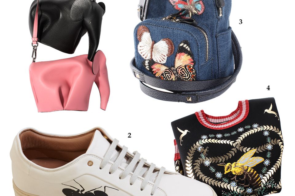 Neue Niedlichkeit: 1. Dschungelbuch: Elefanten-Taschen von Loewe, über www.thecornerberlin.de; 2. Paul Smith empfiehlt Männern Sneaker mit Ameisen-Print; 3. Schmetterlings-Rucksack von Valentino, über www.thecornerberlin.de; 4. Raus in die Natur! Das opulent verzierte Sweatshirt ist herzallerliebst. Über www.thecornerberlin.de 1. Dschungelbuch: Elefanten-Taschen von Loewe, über www.thecornerberlin.de; 2. Paul Smith empfiehlt Männern Sneaker mit Ameisen-Print; 3. Schmetterlings-Rucksack von Valentino, über www.thecornerberlin.de; 4. Raus in die Natur! Das opulent verzierte Sweatshirt ist herzallerliebst. Über www.thecornerberlin.de
