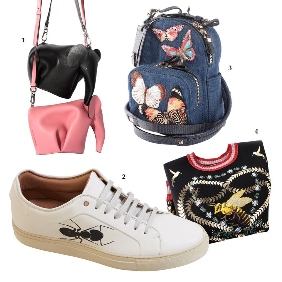 Neue Niedlichkeit: 1. Dschungelbuch: Elefanten-Taschen von Loewe, über www.thecornerberlin.de; 2. Paul Smith empfiehlt Männern Sneaker mit Ameisen-Print; 3. Schmetterlings-Rucksack von Valentino, über www.thecornerberlin.de; 4. Raus in die Natur! Das opulent verzierte Sweatshirt ist herzallerliebst. Über www.thecornerberlin.de 1. Dschungelbuch: Elefanten-Taschen von Loewe, über www.thecornerberlin.de; 2. Paul Smith empfiehlt Männern Sneaker mit Ameisen-Print; 3. Schmetterlings-Rucksack von Valentino, über www.thecornerberlin.de; 4. Raus in die Natur! Das opulent verzierte Sweatshirt ist herzallerliebst. Über www.thecornerberlin.de