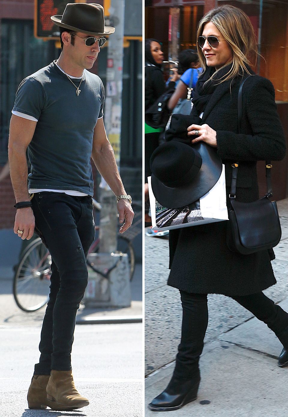 Von Kop bis Fuß auf Liebe eingestellt: Jennifer Aniston trägt exakt den gleichen Stil wie Justin Theroux.