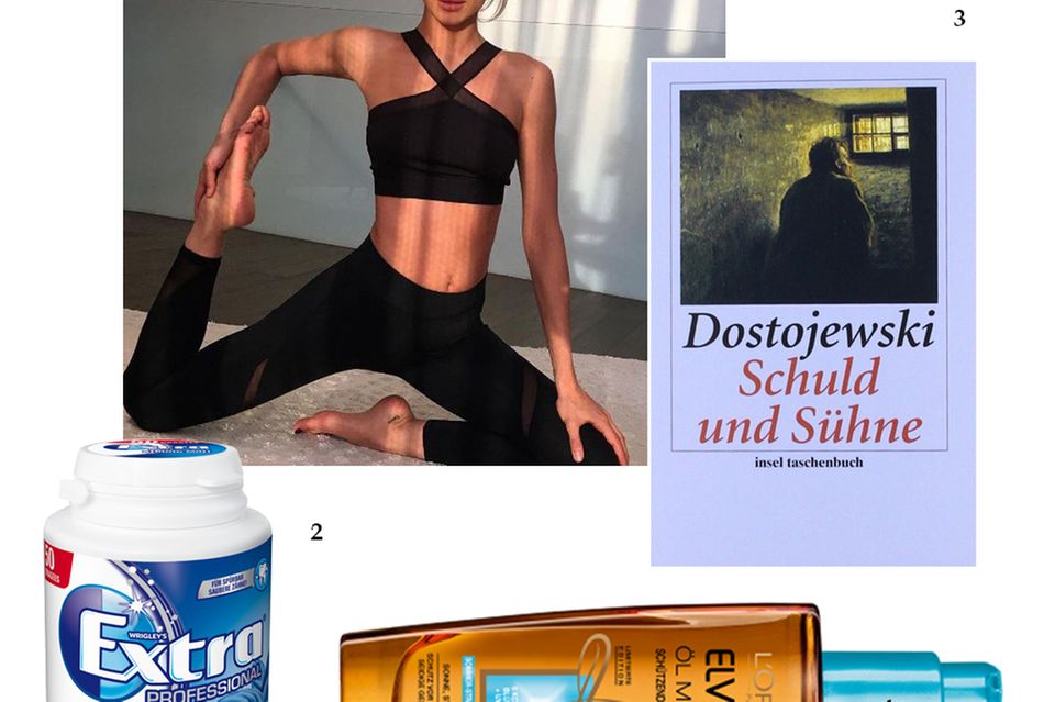 Irina Shayk: Irinas Lieblinge: 1. Pilates-Training; 2. Reisebegleiter "Wrigley’s-Kaugummi sind meine Geheimwaffe, um mich auf langen Reisen gut und frisch zu fühlen"; 3. Haarbooster Irina liebt das Haaröl von Elvital, es hält ihre Mähne so schön geschmeidig; 4. Lesestoff Das Model liebt die Werke von Fjodor Dostojewski. "Schuld und Sühne" hat sie schon dreimal gelesen Irinas Lieblinge: 1. Pilates-Training; 2. Reisebegleiter "Wrigley’s-Kaugummi sind meine Geheimwaffe, um mich auf langen Reisen gut und frisch zu fühlen"; 3. Haarbooster Irina liebt das Haaröl von Elvital, es hält ihre Mähne so schön geschmeidig; 4. Lesestoff Das Model liebt die Werke von Fjodor Dostojewski. "Schuld und Sühne" hat sie schon dreimal gelesen