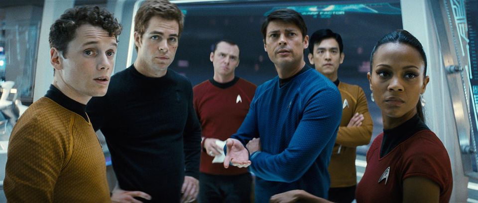 Anton Yelchin (links) an der Seite seiner "Star Trek"-Co-Stars Chris Pine, Simon Pegg, Karl Urban, John Cho und Zoe Saldana.