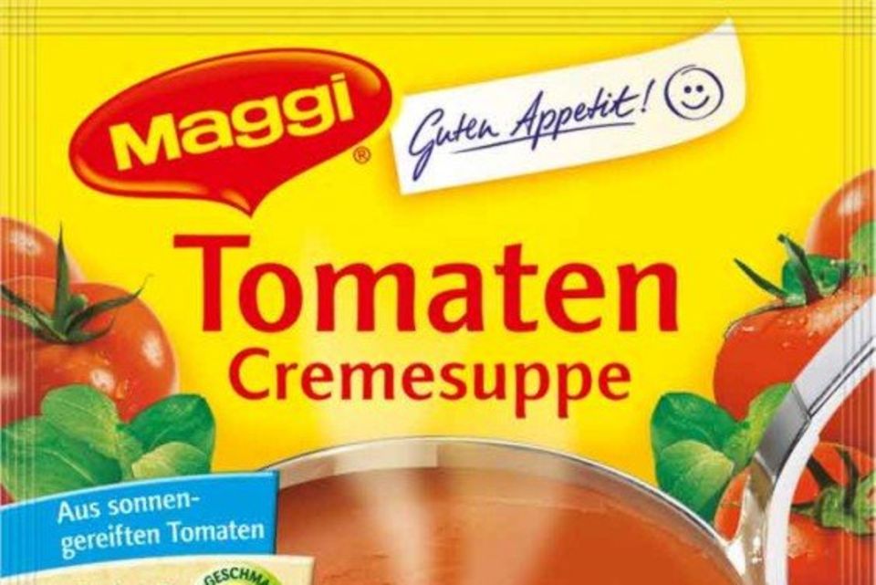 Tomatencremesuppe von Maggi. Mit Speck.