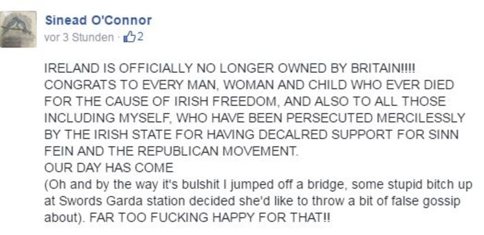 Sinead O'Connor gab auf Facebook Entwarnung