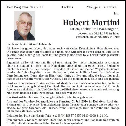 Traueranzeige Hubert Martini