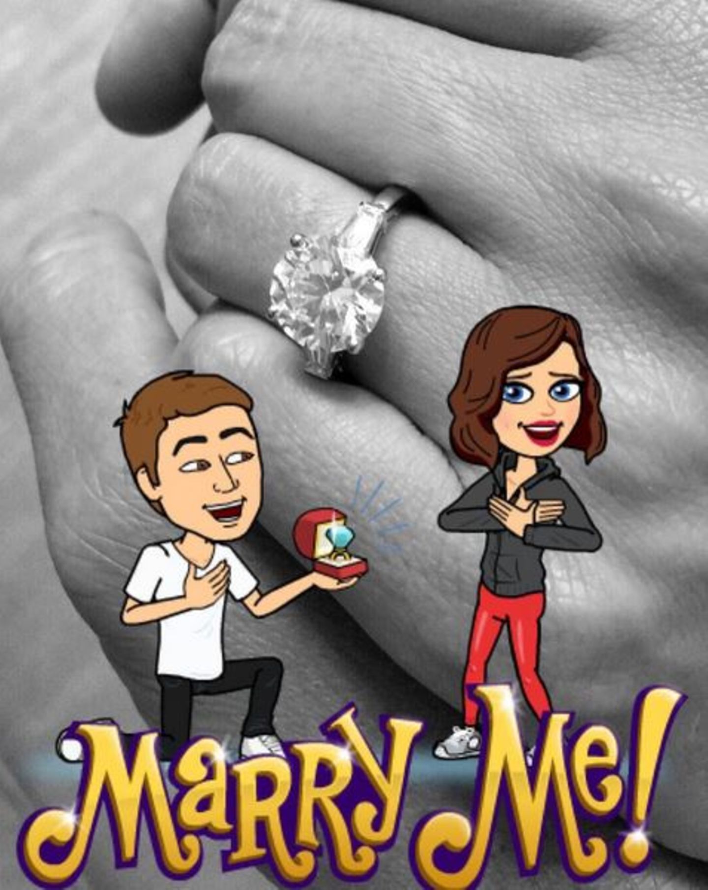 Miranda Kerr: "Ich habe Ja gesagt! schrieb Kerr unter dieses Foto ihres Verlobungsrings, das sie im Snapchat-Stil mit zwei Avataren und einem "Marry Me!" aufpimpte "Ich habe Ja gesagt! schrieb Kerr unter dieses Foto ihres Verlobungsrings, das sie im Snapchat-Stil mit zwei Avataren und einem "Marry Me!" aufpimpte