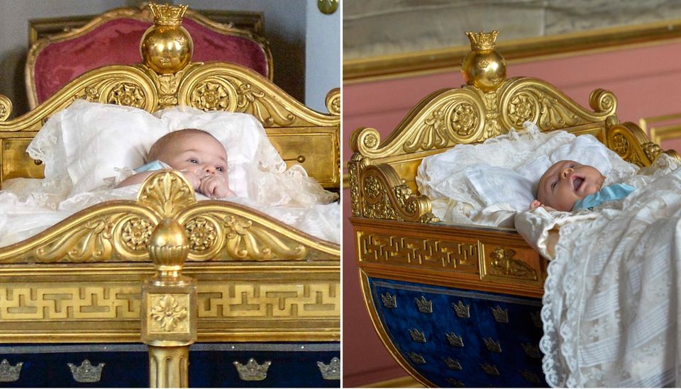 Königliche Taufen in Schweden: Prinzessin Leonore (links) und Prinz Oscar (rechts) bekommen von Großvater Carl Gustaf die Wiege zugewiesen, die ihrem Rang in der Thronfolge entspricht. Prinzessin Leonore (links) und Prinz Oscar (rechts) bekommen von Großvater Carl Gustaf die Wiege zugewiesen, die ihrem Rang in der Thronfolge entspricht.