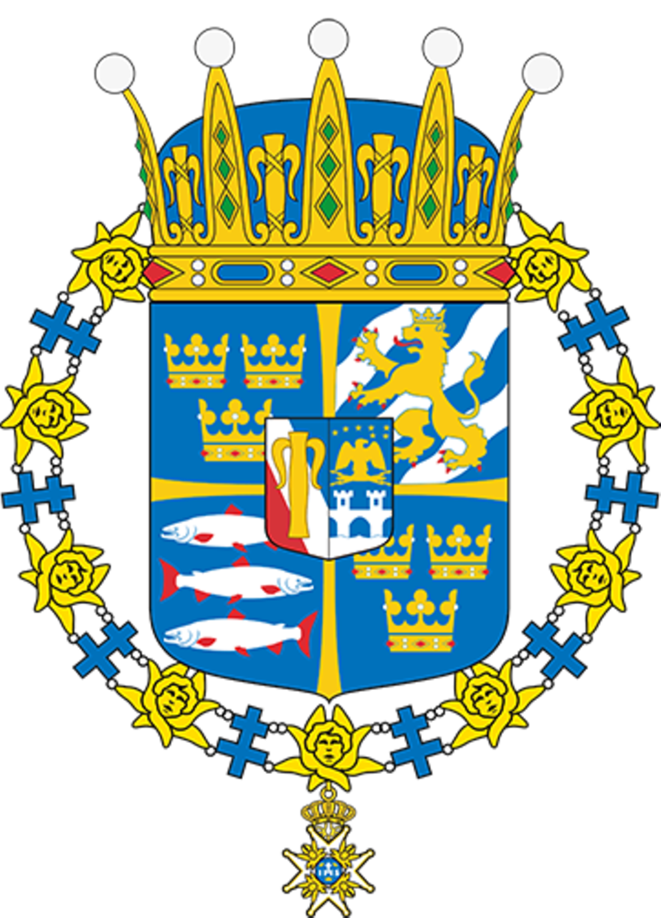 Das Wappen von Prinz Alexander mit Kronen und Fischen.