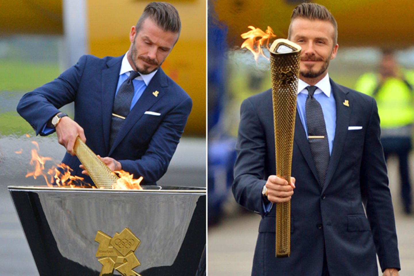 Starkicker David Beckham ist Botschafter der Spiele und entfacht das olympische Feuer in Helston, Cornwall.