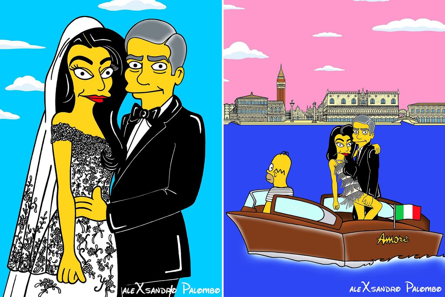 Amal Alamuddin und George Clooney bekommen von Künstler aleXandro Palombo die "Simpson-Behandlung".