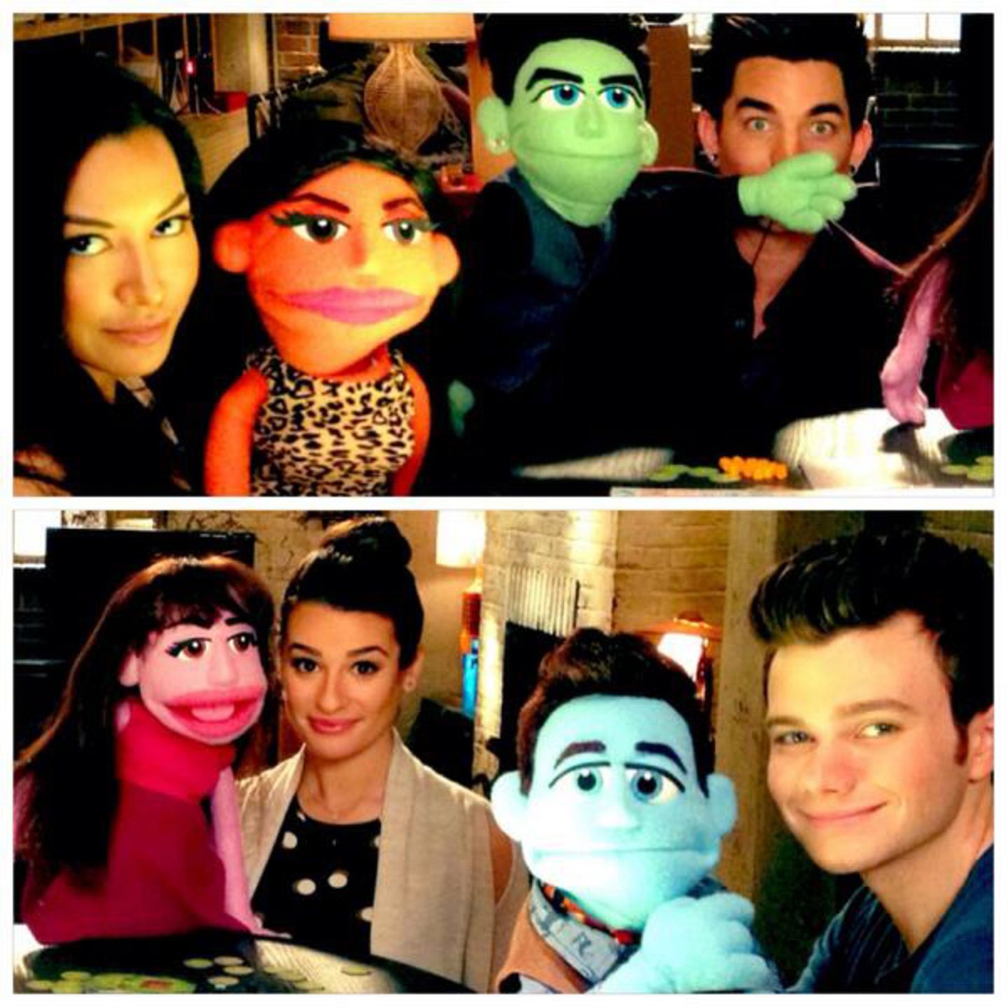 Die "Glee"-Darsteller Naya Rivera, Adam Lambert, Lea Michele und Chris Colfer zeigen sich mit ihrer eigenen Muppet Version und sorgen so für Spekulationen um eine Glee-Muppet-Episode.