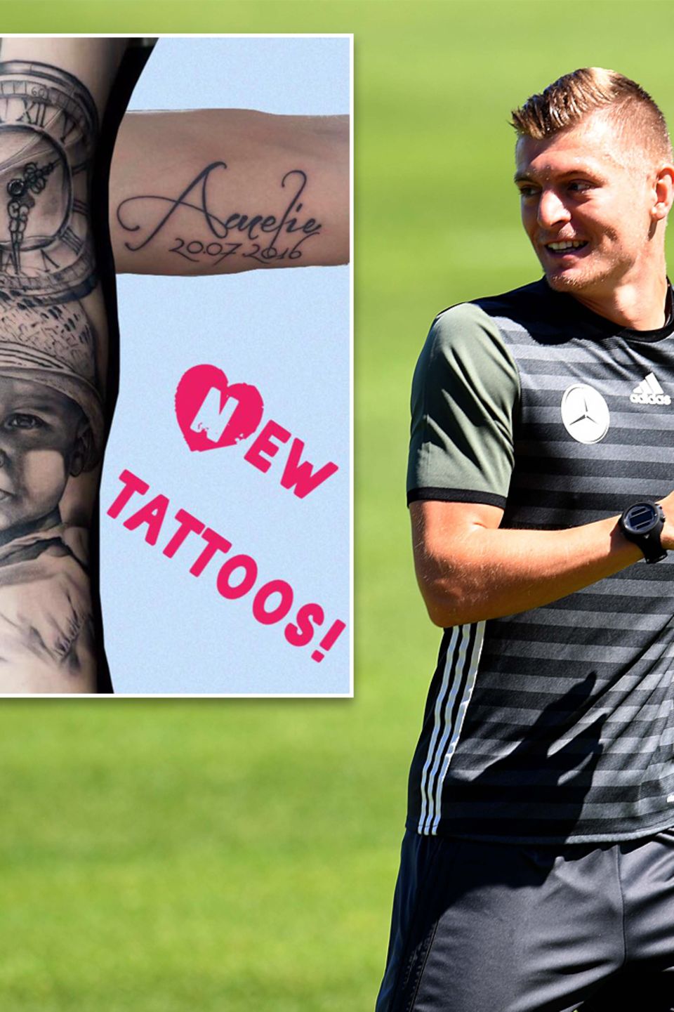 Toni Kroos hat neue Tattoos: Sowohl Sohn Leon ist als Porträt auf dem Unterarm des Fußballstars zusehen als auch der Name und das Geburtsdatum seiner neugeborenen Tochter Amelie.