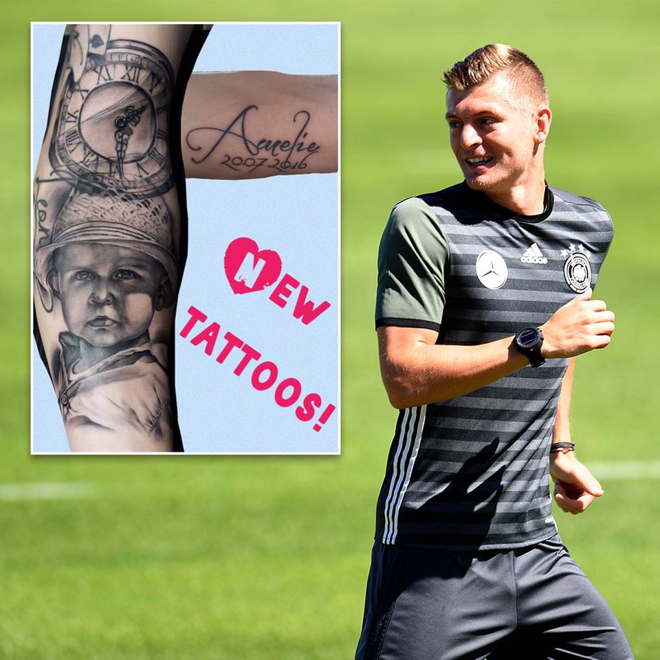 Toni Kroos hat neue Tattoos: Sowohl Sohn Leon ist als Porträt auf dem Unterarm des Fußballstars zusehen als auch der Name und das Geburtsdatum seiner neugeborenen Tochter Amelie. Toni Kroos hat neue Tattoos: Sowohl Sohn Leon ist als Porträt auf dem Unterarm des Fußballstars zusehen als auch der Name und das Geburtsdatum seiner neugeborenen Tochter Amelie.