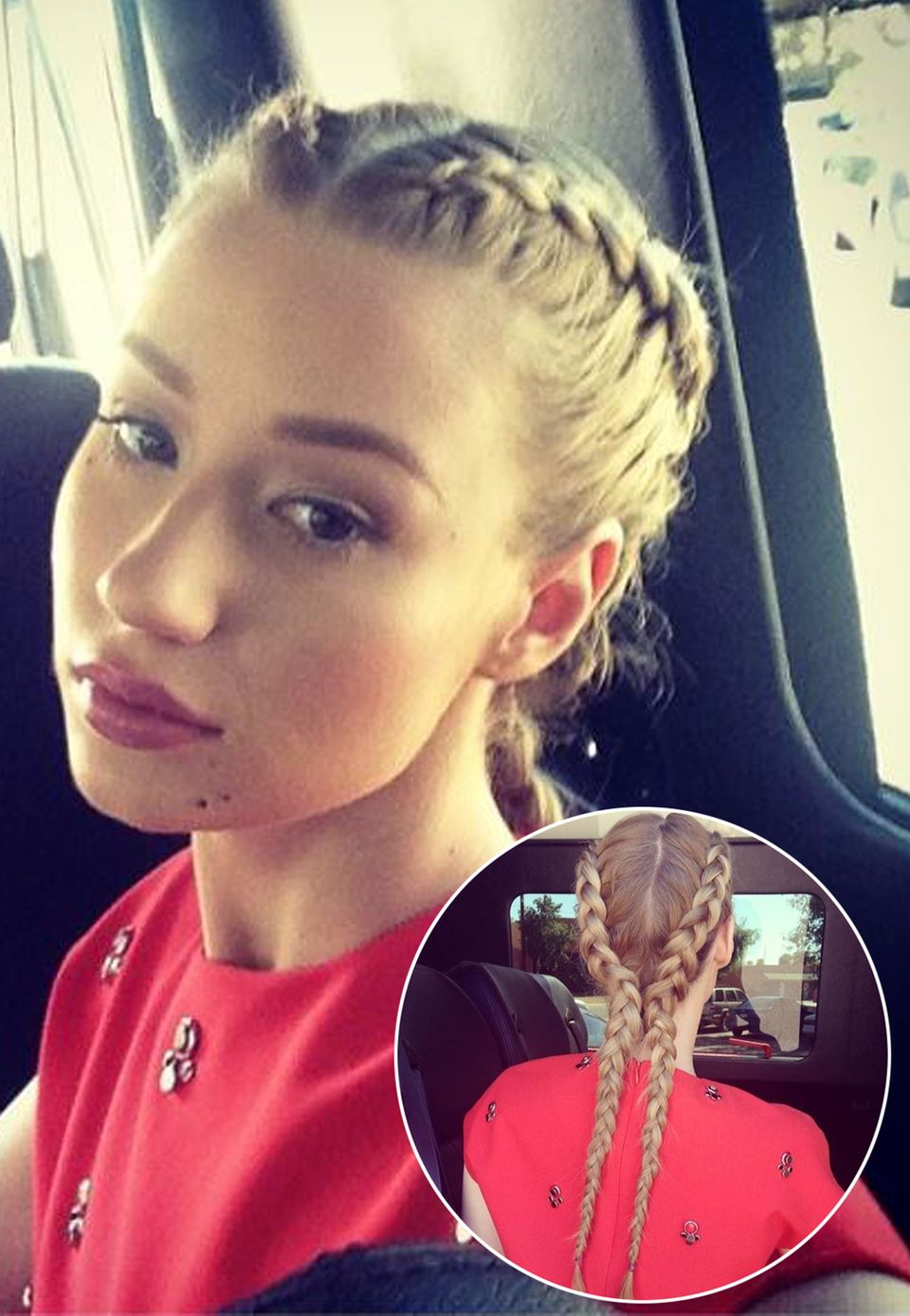 Iggy Azalea trägt zwei eingeflochtene Zöpfe, die direkt an ihrem Oberkopf beginnen und sich bis in ihre Spitzen ziehen. Iggy Azalea trägt zwei eingeflochtene Zöpfe, die direkt an ihrem Oberkopf beginnen und sich bis in ihre Spitzen ziehen.