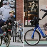 Naomi Watts und Sohn Alexander Pete Schreiber liefern sich ein Grimassen-Duell auf dem Fahrrad.