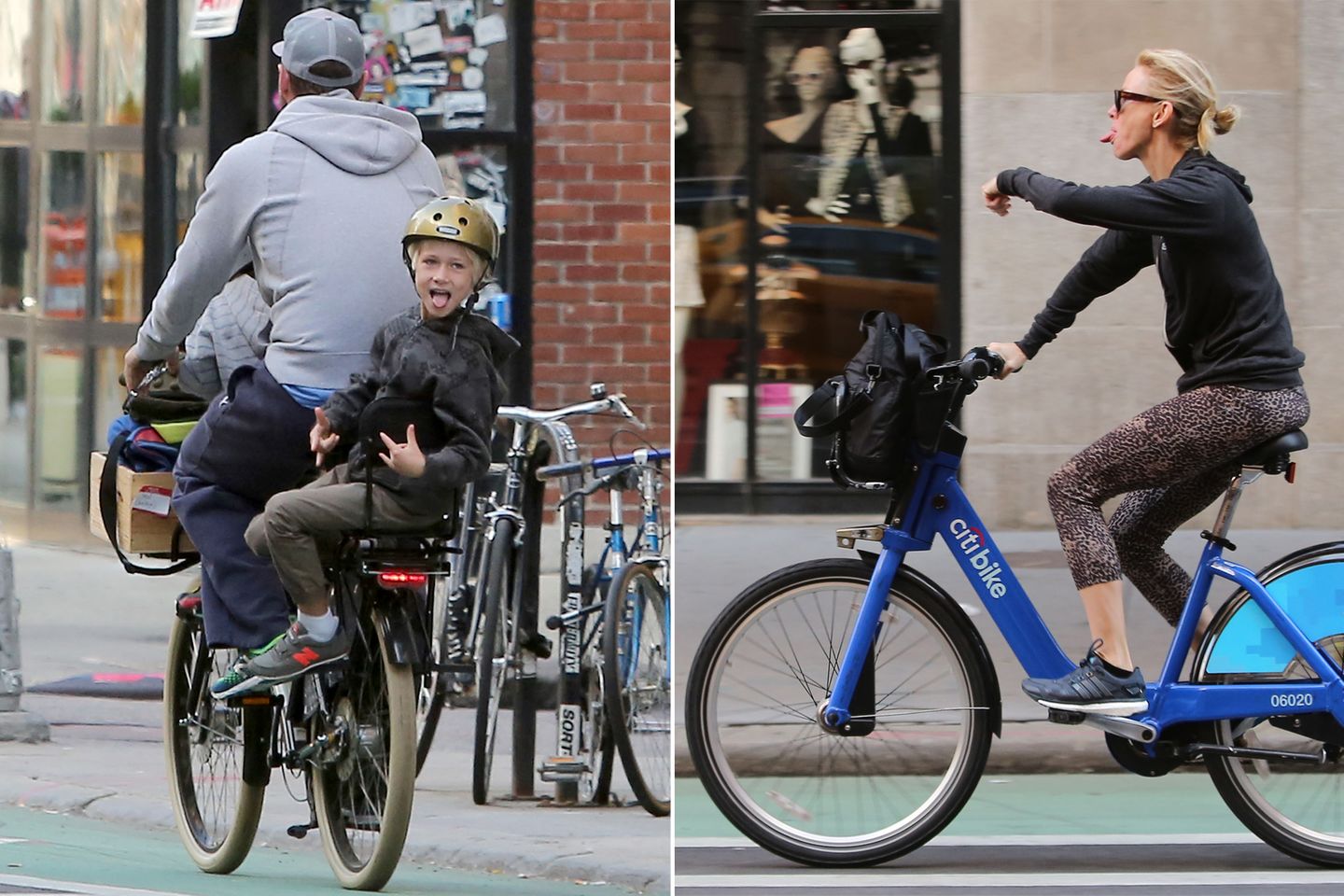 Naomi Watts und Sohn Alexander Pete Schreiber liefern sich ein Grimassen-Duell auf dem Fahrrad.