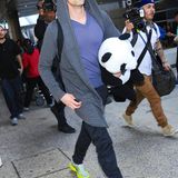 Zeigt Adrien Brody das Kind im Mann oder ist der kuschelige Pandabär, mit dem der Schauspieler in Kalifornien aus dem Flugzeug steigt, ein Mitbringsel für einen jungen Freund?