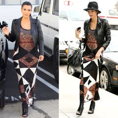 Kim Kardashian und Lily Aldridge schlendern beide in einem auffälligen Maxikleid von Givenchy durch Los Angeles. Ergänzend dazu tragen die Damen übereinstimmend eine schwarze Lederjacke und hohe Peep Toe-Stiefeletten.