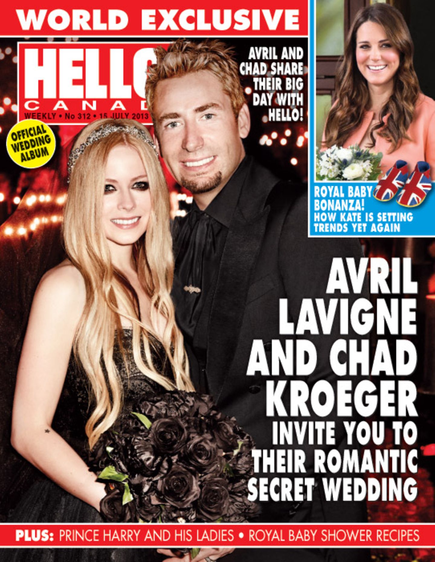 1. Juli 2013: Das kanadische "Hello Magazine" zeigt exklusiv die Hochzeitsbilder von Avril Lavigne und Chad Kroeger. Das Paar hat sich in Südfrankreich das Ja-Wort gegeben. Die Braut wählte ein schwarzes Kleid mit den dazu passenden Blumen.