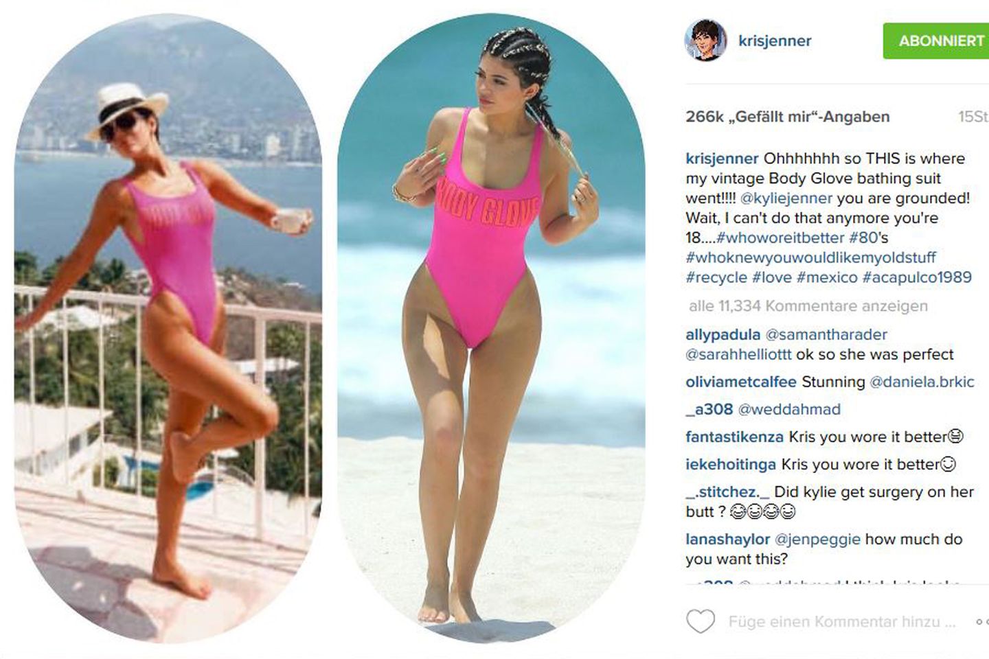 Sonst bedient sich Kris Jenner ja gerne an den Kleiderschränken ihrer Töchter. Dieses Mal muss sich jedoch durch ihren gegraben worden sein - und zwar ziemlich tief. Am Strand trägt die jüngste Kardashian, Kylie Jenner, einen Badeanzug ihrer Mutter aus den 80er-Jahren. Sie nimmt es mit Humor.