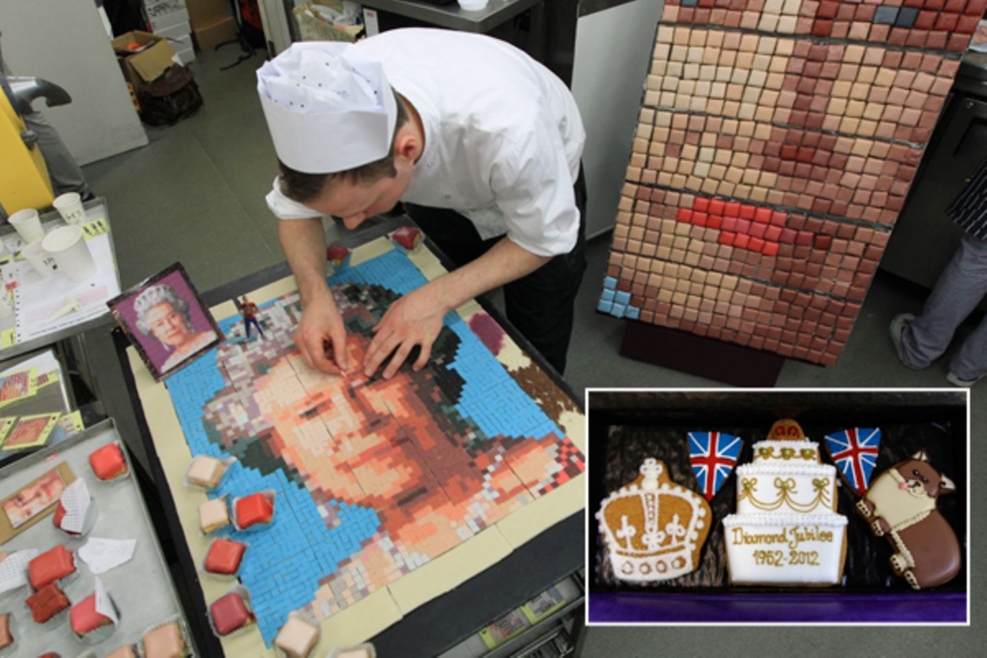 Jetzt wird es süß! Die Zuckerbäcker der Stadt backen "Diamond Jubilee"-Plätzchen und basteln ein Mosaikportrait der Queen aus kl