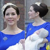 Zur Taufe ihrer Zwillinge Vincent und Josephine trägt Mary eine sehr elegante, stark toupierte Hochsteckfrisur. Der cremefarbene