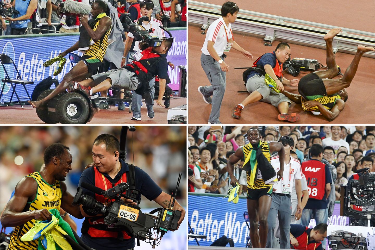 Nach seinem Sieg beim 200m Sprint in Peking wird Usain Bolt von einem Kameramann mit einem Segway umgefahren. Der Sportler nimmt es mit Humor und lässt sich die Freude über seinen Sieg nicht verderben.