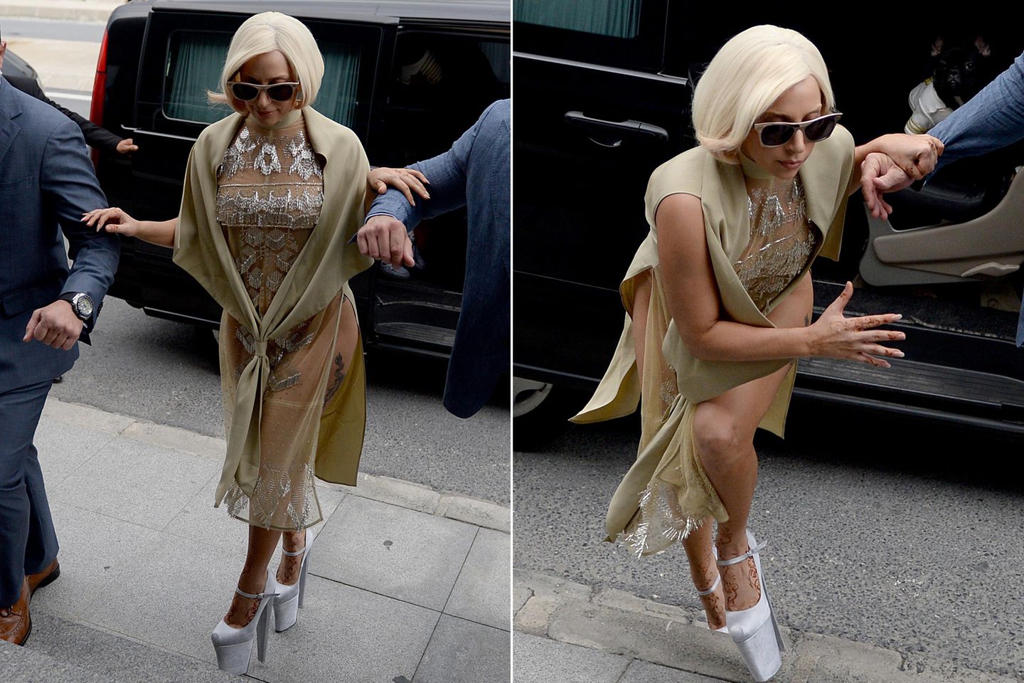 Aus dem Auto steigt Lady Gaga noch sehr elegant aus, doch keinen Schritt später strauchelt sie und droht schmerzhaft zu stürzen, aber ihr Bodyguard federt sie rechtzeitig ab. Ob es an ihren Schuhen lag oder an der Unebenheit des Asphalts, konnte nicht geklärt werden.