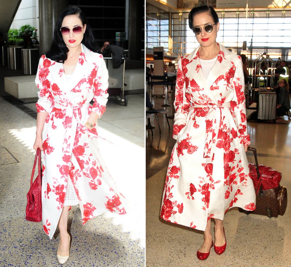 Dita von Teese hat mit ihrem rot-weißen Mantel mit floralem Print den optimalen Reisebegleiter gefunden. Deshalb darf das gute Stück auch immer wieder mit. Dita von Teese hat mit ihrem rot-weißen Mantel mit floralem Print den optimalen Reisebegleiter gefunden. Deshalb darf das gute Stück auch immer wieder mit.