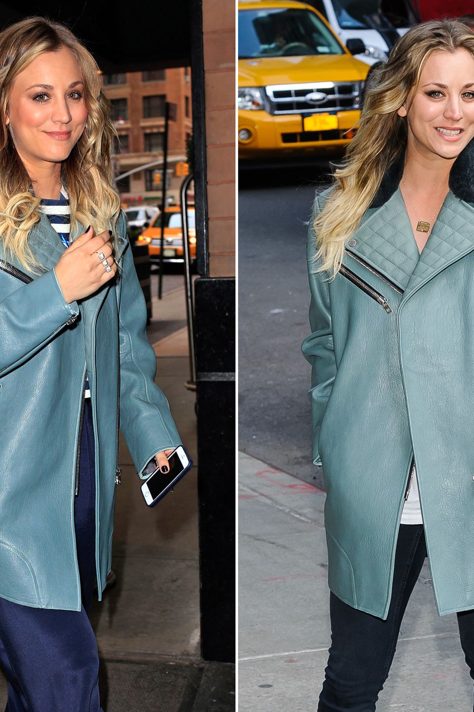 "The Big Bang Theory"-Star Kaley Cuoco hat in ihrem türkisblauen Ledermantel mit gestepptem Kragen und schrägen Reißverschlüssen einen treuen Begleiter gefunden. "The Big Bang Theory"-Star Kaley Cuoco hat in ihrem türkisblauen Ledermantel mit gestepptem Kragen und schrägen Reißverschlüssen einen treuen Begleiter gefunden.
