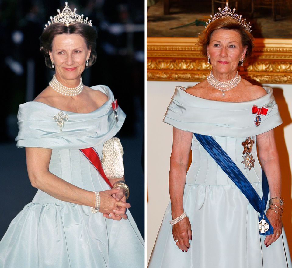 Königin Sonja von Norwegen hat sich auf ihr stattliches, cremefarbenes Seidenkleid mit dem gerafften Rockteil besonnen und es jetzt zum Staatsbankett in Helsinki aus ihrem royalen Kleiderschrank geholt. Das Bild rechts zeigt sie als sie das taillierte Kleid vor rund 20 Jahren im Sommer 1997 getragen hat. Königin Sonja von Norwegen hat sich auf ihr stattliches, cremefarbenes Seidenkleid mit dem gerafften Rockteil besonnen und es jetzt zum Staatsbankett in Helsinki aus ihrem royalen Kleiderschrank geholt. Das Bild rechts zeigt sie als sie das taillierte Kleid vor rund 20 Jahren im Sommer 1997 getragen hat.