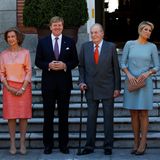 18. September 2013: Die spanische Königsfamilie empfängt das Königspaar aus den Niederlanden im Palast in Madrid: Prinzess Letizia, Prinz Felipe, Königin Sofia, König Willem-Alexander, König Juan Carlos, Königin Máxima und Prinzessin Elena.