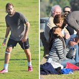 22. Dezember 2013: Für seinen Einsatz beim Fußballspiel gibt es für Marco Peregon nach dem Spiel von seiner Frau Zoe Saldana einen Belohnungskuss.