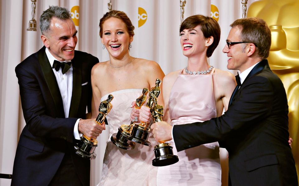 Die glücklichen Gewinner des Abends: Daniel Day-Lewis, Jennifer Lawrence, Anne Hathaway und Christoph Waltz