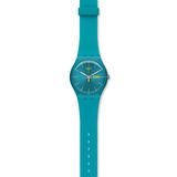 Die Armbanduhr macht Laune in Türkis. Von Swatch, ca. 55 Euro