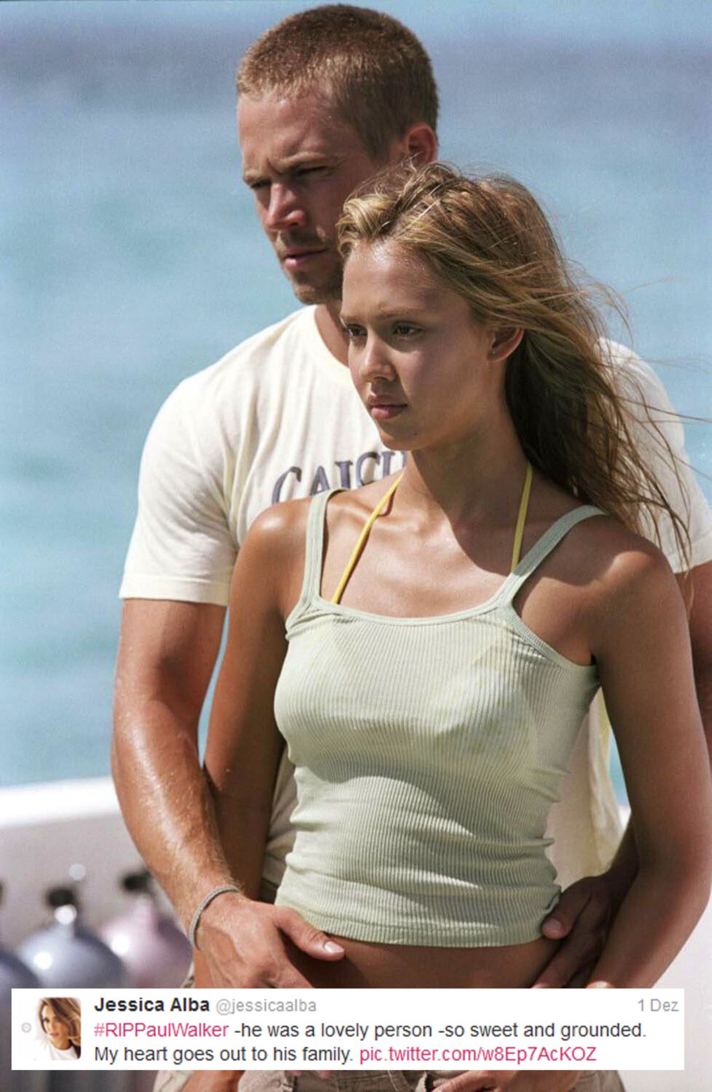 Jessica Alba  Jessica Alba und Paul Walker standen gemeinsam 2005 für den Film "Into the Blue" vor der Kamera. "Er war so ein liebevoller Mensch. So süß und bodenständig. Ich bin im Herzen bei seiner Familie", schreibt sie auf ihrem Twitterprofil.
