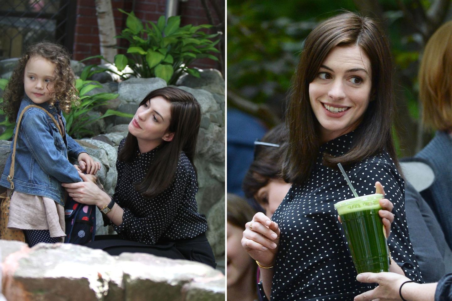 24. Juni 2014: Mit Co-Darstellerin und grünem Shake hat Anne Hathaway in Brooklyn am Set von "The Intern" alle Hände voll zu tun.